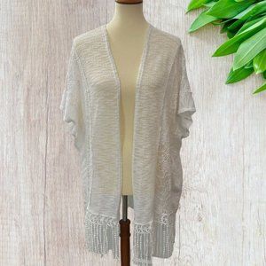 Panitti Fishnet Open Cardigan Sweater Lace Fringe Raglan Sleeves White Sz L
